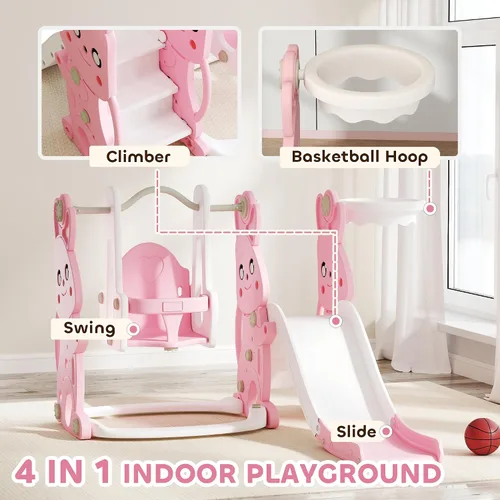 Vista 3 de Qaba Juego de tobogán y columpio 4 en 1 para niños de 1.5 a 4 años, parque infantil con temática de conejo con escalador, aro de canasta, para patio