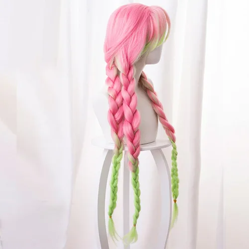 Vista 4 de maysuwell Kanroji Mitsuri - Peluca de anime Demon Slayer para mujer, pelucas de cosplay rosa y verde trenzado para Halloween, carnaval, fiesta