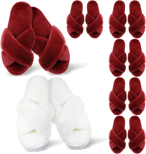 Vista 9 de JenPen 7 pares de pantuflas peludas para damas de honor con banda cruzada Blanco