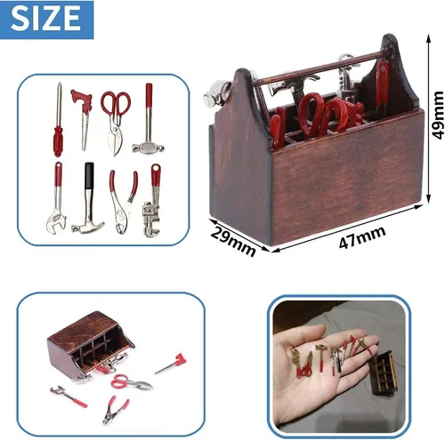Vista 4 de eecoo - Caja de herramientas para casa de muñecas, caja de herramientas en miniatura de madera, modelo para casa de muñecas 1/12, accesorios con 8