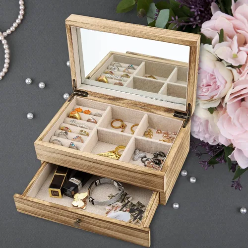 Vista 4 de Cajas de viaje de joyería personalizadas con nombre y flor de nacimiento, caja de joyería de terciopelo y madera para mujeres y niñas, caja