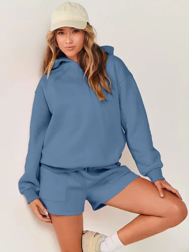 Vista 8 de ANRABESS Conjunto de 2 piezas para mujer, sudadera con capucha de gran tamaño, pantalones cortos, sudadera para descansar, ropa deportiva de moda