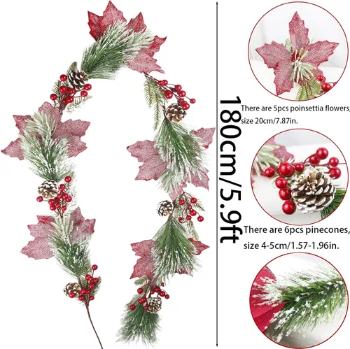 Vista 2 de CISDUEO - Guirnalda de Navidad Artificial de Flores de Nochebuena Poinsettia, Guirnalda de Bayas Rojas Artificiales con Piñas para Chimenea, Mantel