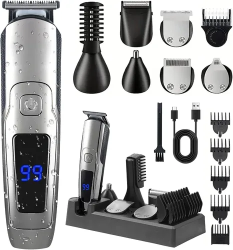 Vista 8 de Cortadora de barba para hombres, 20 ajustes de longitud, kit de aseo inalámbrico 14 en 1, maquinilla de afeitar eléctrica impermeable para hombres