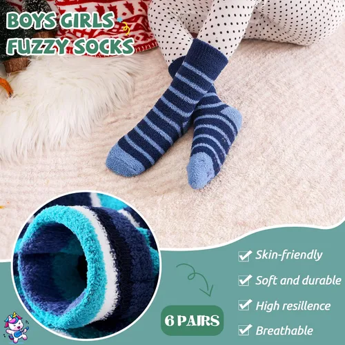 Vista 3 de Calcetines de agarre para niños y niñas, antideslizantes, para invierno, gruesos, esponjosos, cálidos, suaves, térmicos, de felpa, 6 pares