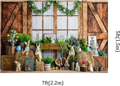Vista 2 de Kate 7x5ft Feliz Pascua Granja Conejo Decoración Fotografía Fondos de Madera Rústica Casa Huevos Coloridos Haystack Primavera Fondo Fotobatina