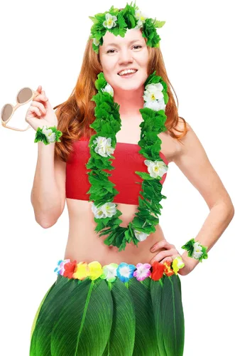 Vista 6 de Yahenda Disfraz hawaiano de 6 piezas para mujer, falda hula de hoja con top corto, collar de flores y trajes de Leis para fiesta de verano Luau
