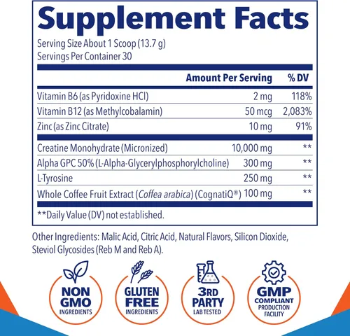 Vista 5 de Creatine Monohydrate Powder 10g with Alpha GPC & L-Tyrosine, 30 Servings