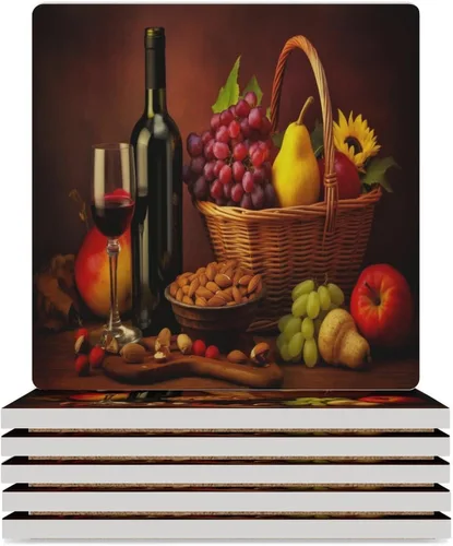 Vista 46 de 4 posavasos de vino tinto, cuadrados y modernos posavasos absorbentes de cerámica, estilo de pintura al óleo, vintage, vino tinto, uvas, rosa
