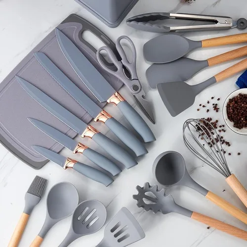 Vista 3 de Cuchillo de cocina de silicona con mango de madera, cuchillo de cocina de 19 piezas, cuchillo de cocina de siete colores, antiadherente, cuchara