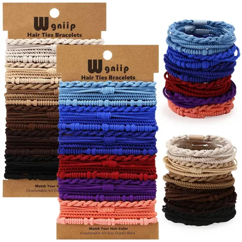 Vista 11 de 20 lazos de pelo boho en 5 estilos, 10 colores - Lindas pulseras para cabello delgado y grueso, elásticos sin daños