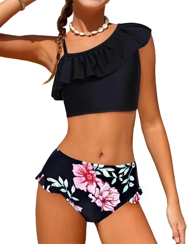 Vista 6 de Arshiner Traje de baño de dos piezas para niñas con volantes y ondas estampado, conjunto de bikini, traje de baño para niña con almohadilla