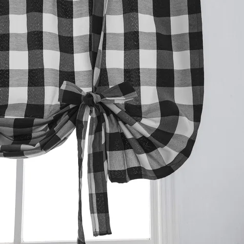 Vista 4 de vctops Cortinas entramadas de Navidad en negro y blanco estilo búfalo con función de amarras, estilo granja, térmicas, aislantes, para ventanas