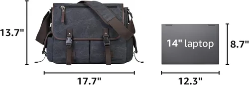 Vista 3 de Bolsa de mensajero vintage de lona para laptop de 15.6 pulgadas para hombres y mujeres, bolsa de hombro para computadora universitaria, maletines