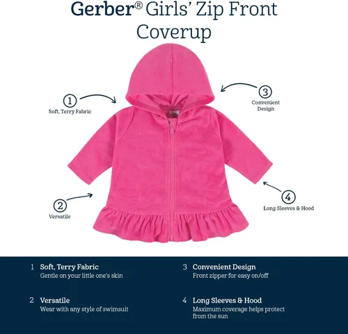 Vista 6 de Gerber Cubierta para traje de baño con capucha y cremallera para bebés y niñas pequeñas, Rosado