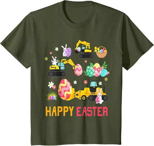 Vista 11 de Kids Happy Easter Construction Crane Truck Boys Toddler T-Shirt Negro
