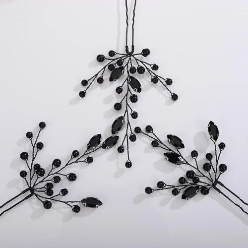 Vista 4 de Teyglen Juego de 3 horquillas de cristal de perlas negras para novia, accesorios para el cabello de boda, piezas de pelo de perlas negras hechas a
