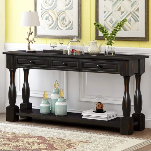 Vista 13 de Quarte Elegante mesa consola con tres cajones de almacenamiento, mesa de sofá extra larga para entrada, pasillo, sala de estar, vestíbulo, pasillo