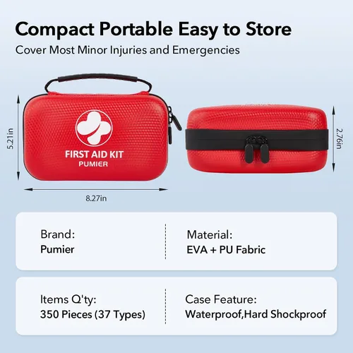 Vista 5 de Kit de primeros auxilios para automóvil, hogar, viajes, campamento, 350 piezas, estuche rígido compacto e impermeable, kits de supervivencia