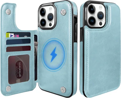 Vista 10 de Funda magnética tipo cartera con tapa para iPhone 14Pro Max de 6.7 pulgadas, compatible con MagSafe, soporte de cuero con soporte para tarjetas
