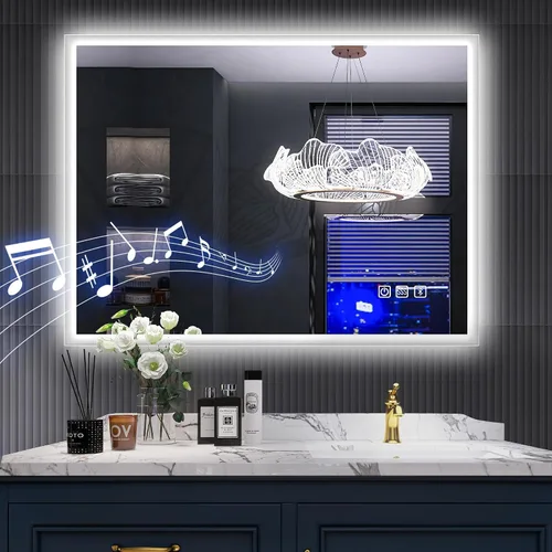 Vista 9 de SBAGNO - Espejo de baño LED de 40 x 28 pulgadas con marco negro, altavoz