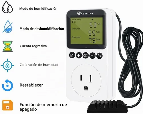Vista 2 de KETOTEK Enchufe de salida digital de controlador de humedad con sonda de sensor, enchufe controlador de humidistato de 120 V para invernadero