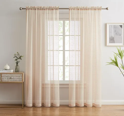 Vista 2 de Warm Home Designs Cortinas de lujo para sala de estar de 63 pulgadas de largo. Cortinas transparentes de lino con patrón de rayas punteadas.