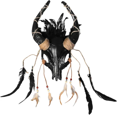 Vista 6 de Cuernos de ciervo de cuernos de Wendigo, tocado de mascarada, cráneo, antílope, para adultos, disfraz de Halloween, máscara de terror A51 Oro