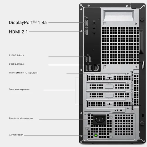 Vista 9 de Dell Tower Desktop ECT1250 - Procesador Intel Core Ultra 7-265, gráficos UHD, memoria de 16 GB, SSD M.2 de 1 TB, lector de tarjetas SD 3.0, teclado
