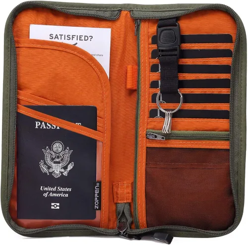 Vista 12 de Cartera de pasaporte familiar ZOPPEN RFID, porta pasaporte para mujeres/hombres, cartera de viaje con organizador de documentos y cierre, con correa