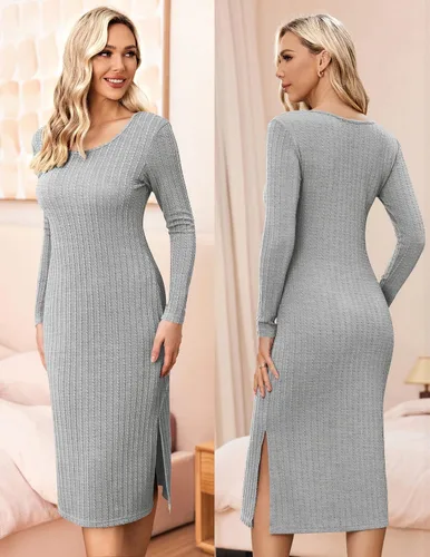 Vista 4 de Ekouaer Maternity Dress Rib Knit Long Sleeve Side Slit Bodycon Dresses Pregnancy Baby Shower Clothes S-XXL