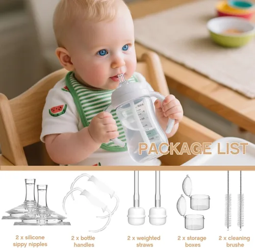 Vista 8 de Kit de conversión de vasos para sorber de paja para biberones de cuello ancho Dr Browns, kit de transición de tazas para sorber con parte superior