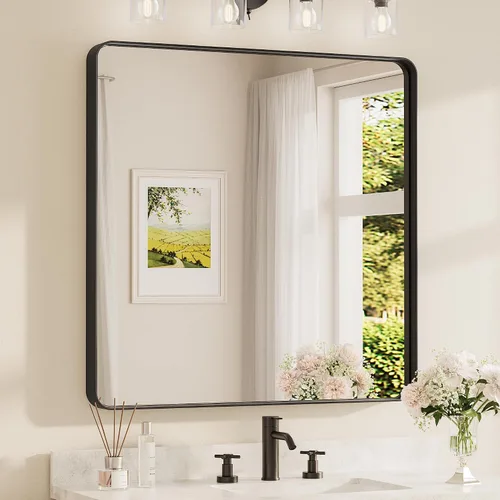Vista 92 de Espejo de marco dorado cepillado de 16 x 24 pulgadas, espejo de tocador de baño de latón dorado para pared, espejo enmarcado rectangular de esquina