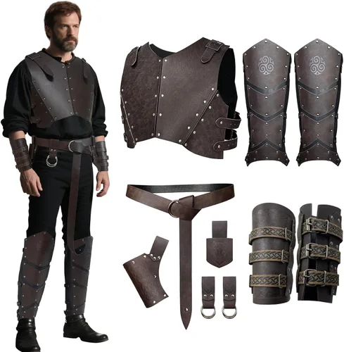 Vista 8 de Conjunto de armadura de pecho de cuero medieval vikingo para hombre, 10 piezas renacentista Cosplay LARP ajustable Ren Faire Knight armadura conjunto