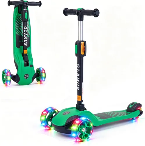 Vista 15 de GLAMUP Patinete para niños de 3 ruedas, manillar ajustable en altura para niños, sistema de inclinación para dirección y mecanismo de fácil plegado