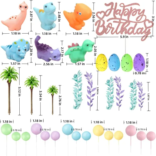 Vista 7 de 35 adornos de dinosaurios para tartas con huevos de dinosaurio, hojas, rosa, morado, azul, amarillo, verde, bolas para decoración de pasteles