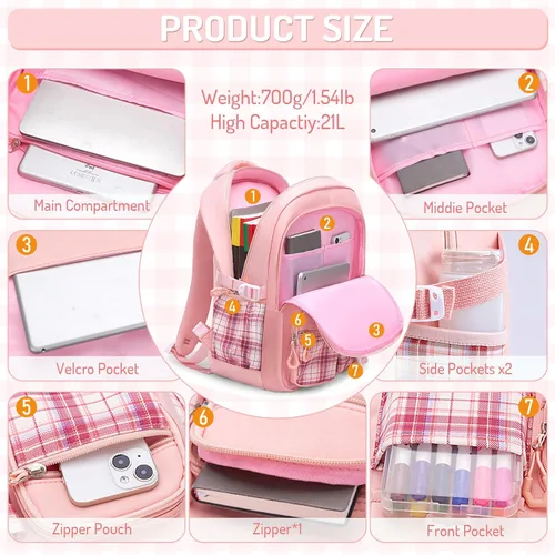Vista 3 de Mochila infantil para niñas - Mochila para niñas para estudiantes de secundaria, Conjunto de mochila rosa