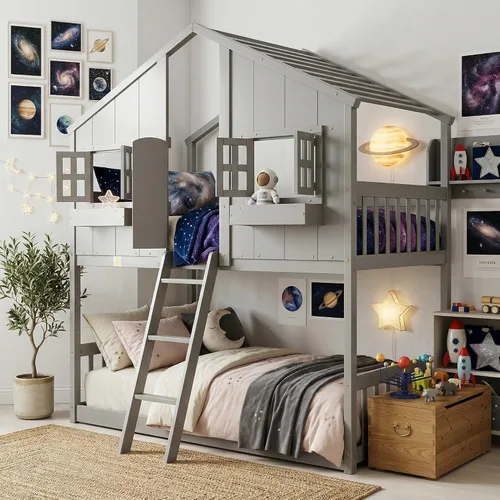 Vista 10 de VECELO Full Over Full House Bunk Bed with Safety Rail, Ladder, Windows & Doors, Solid Wood Playhouse Bunk Bed, No Box Spring Needed, White