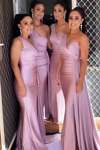 Vista 6 de Vestidos de dama de honor de un hombro, vestidos de sirena de satén, vestidos de baile de graduación, vestidos largos formales de noche con cola