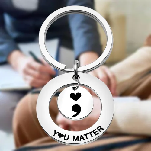Vista 5 de OKEYCH Mental Health Awareness Gift Matter Keychain Semicolon Quote Jewelry Depression Gift