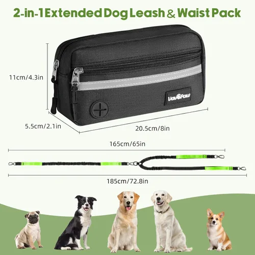 Vista 2 de VavoPaw Correa de perro manos libres para 2 perros con bolsa, correa de cintura para pasear perros, correas retráctiles con asas acolchadas dobles