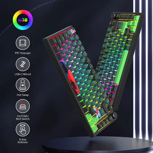 Vista 4 de Fogruaden Teclado mecánico con cable al 75% intercambiable en caliente, interruptor rojo, retroiluminación RGB, teclado mecánico TKL de 82 teclas