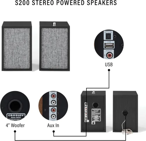 Vista 3 de Crosley S200A-BK 4" Altavoces estéreo activos con alimentación Bluetooth, conexiones ópticas, USB y Aux, negro
