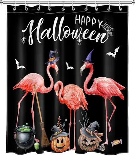 Vista 2 de LB Cortina de ducha de feliz Halloween para baño, flamenco rosa y calabaza naranja con sombrero mágico, cortina de ducha de tela con ganchos, juego