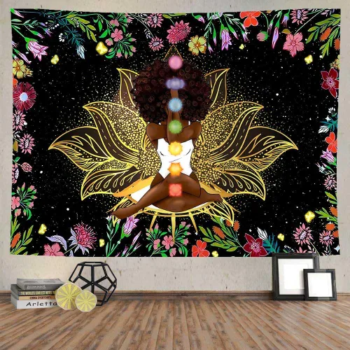 Vista 11 de Ine Ive Tapiz de chakra africano, mujer afroamericana, tapices de meditación zen, 40 x 30 pulgadas, cielo estrellado, flores, jardín, inspirador