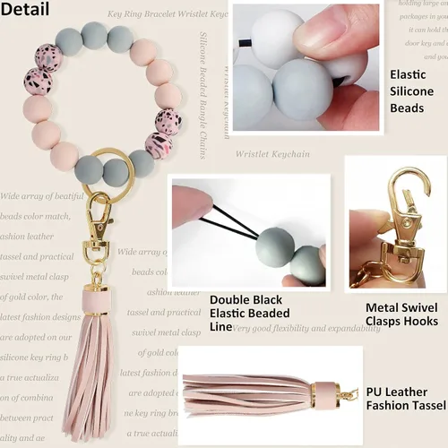 Vista 3 de BIHRTC Llavero con pulsera de silicona Llavero con brazalete de cuentas de silicona llavero con borla de cuero para mujeres niñas