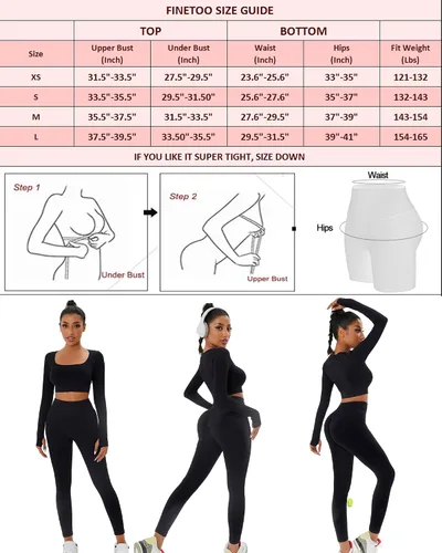 Vista 4 de FINETOO Conjuntos de entrenamiento para mujer, 2 piezas, de manga larga, para yoga, sin costuras, acanalada, con cintura alta, leggings XS-L