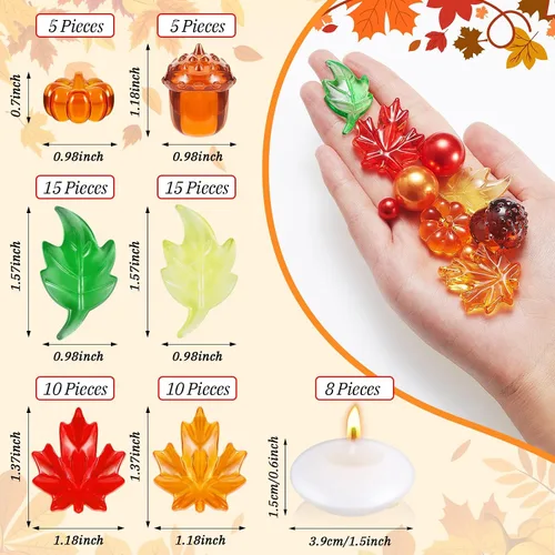 Vista 3 de MTLEE 124 piezas de relleno de jarrón de Acción de Gracias, perlas sintéticas para relleno de jarrón con 8 velas blancas sin perfume para otoño
