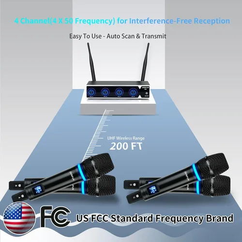 Vista 7 de Sistema de Micrófono Inalámbrico Recargable ZERFUN Pro de 4 Canales, Micrófonos Inalámbricos de Mano UHF de Metal con Control de Volumen, 4x50