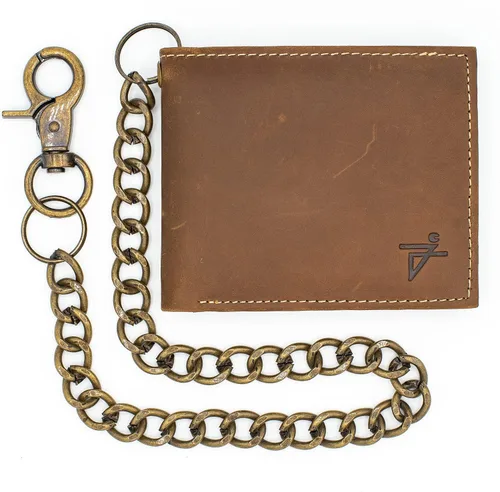 Vista 2 de Cartera de cuero genuino para hombre, con bloqueo RFID, plegable, elegante, billetera plegable con cadena de acero inoxidable, billetera abatible